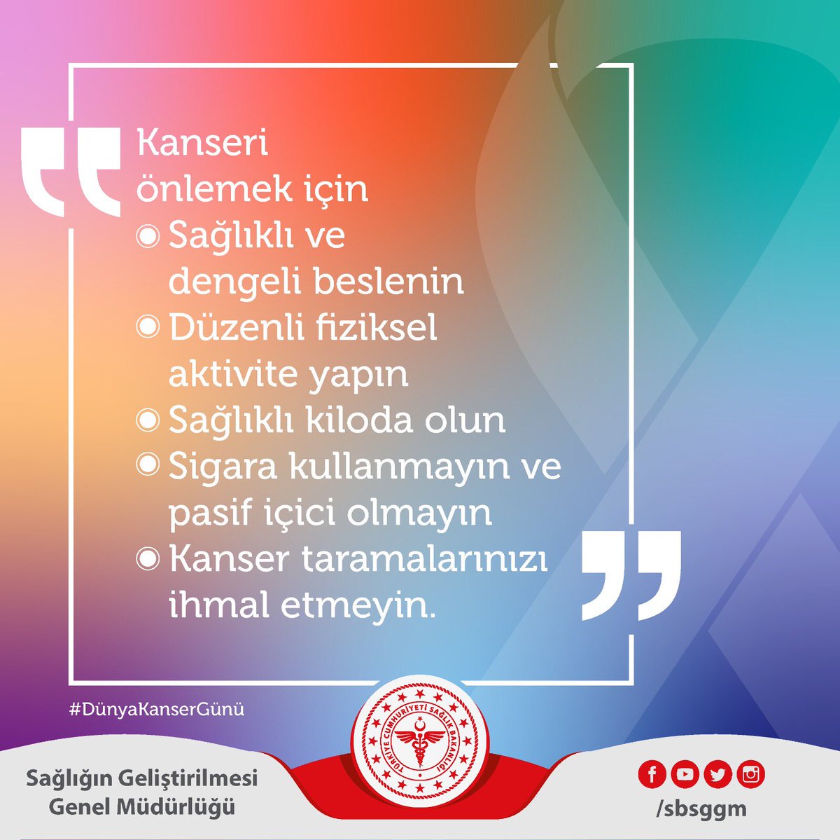 sbsggm's tweet image. Kanseri önlemek için
⚪️ Sağlıklı ve dengeli beslenin
⚪️ Düzenli fiziksel aktivite yapın
⚪️ Sağlıklı kiloda olun
⚪️ Sigara kullanmayın ve pasif içici olmayın
⚪️ Kanser taramalarınızı ihmal etmeyin #ErkenTeşhisHayatKurtarır