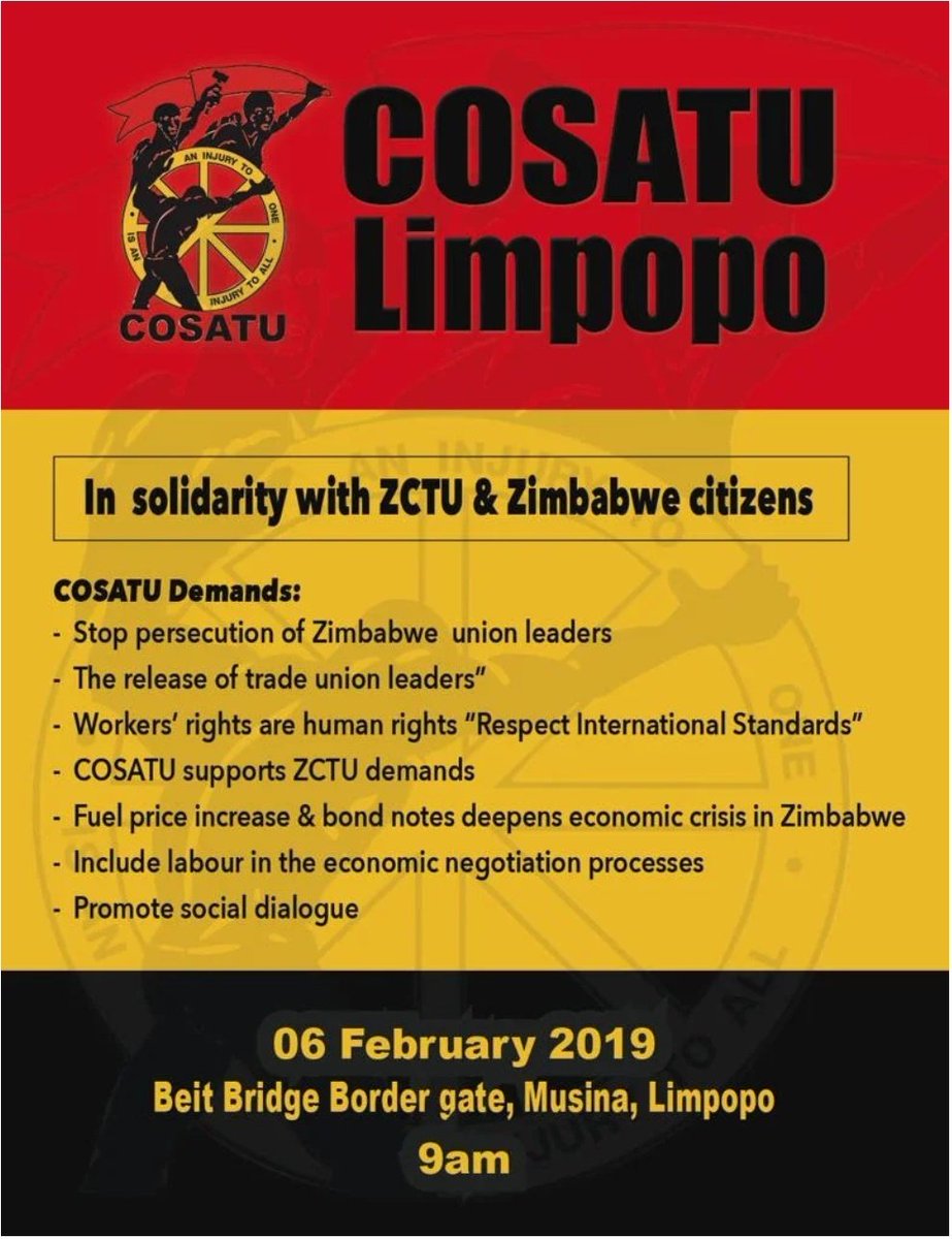 Thank you very much people of South Africa and COSATU for the people to people solidarity with Zimbabweans. 

SADC and African #PeoplePower is stronger than the people abusing the bodies of SADC and AU to support the #ZimbabweAtrocities being committed by the Zimbabwe government.