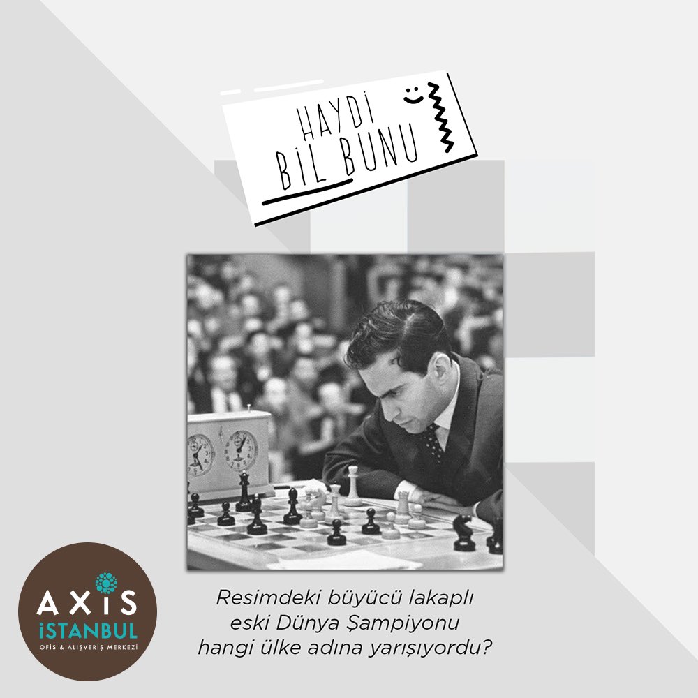 Axis İstanbul Satranç Kulübü ile sürpriz yarışmalar devam ediyor! ♟
Resimdeki eski Dünya Şampiyonu hangi ülke adına yarışıyordu?
Yarışmaya katılmak için;
📍Soruyu doğru yanıtlayın!
📍@axisistanbulavmhesabını takip edin!
📍Bu gönderiyi beğenin!
📍2 arkadaşınızı etiketleyin!