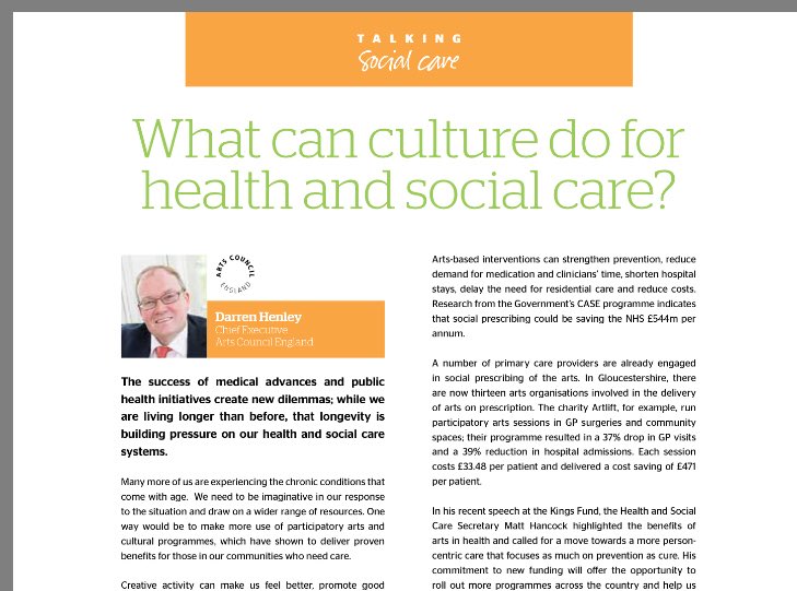 CareTalkMag's tweet image. RT In this issue: @HENLEYDARREN from Arts Council on the role of culture can do for #socialcare bit.ly/2BdaZ2G @ace_national