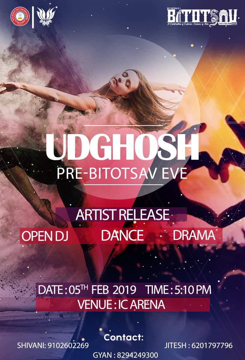 Bitotsav's tweet photo. BIT is ready for the return of its annual cultural extravaganza. To get you in the mood, we invite you all to Udghosh - the dance and drama weekender.
Be there at 5:10 PM at the IC Arena tomorrow! So, get ready to leave all your worries behind for the next few days.
#bitotsav_19 https://t.co/k82iuI6os3