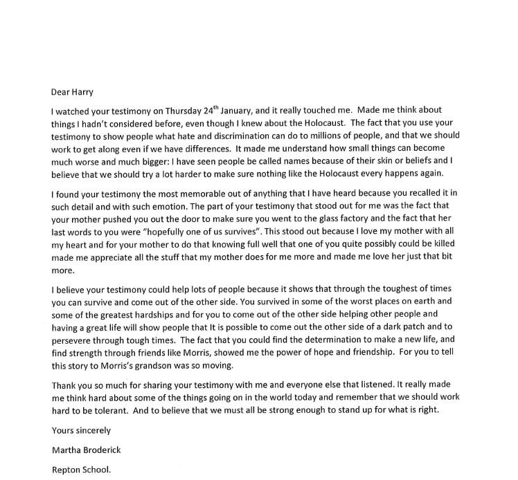 There has been some incredibly insightful, empathetic and thoughtful work from #ReptonBBlock after they watched an interview with Holocaust survivor Harry Spiro. Two excellent examples of letters written by Florence and Martha (3F) #ReptonAcademic #AReptonStory