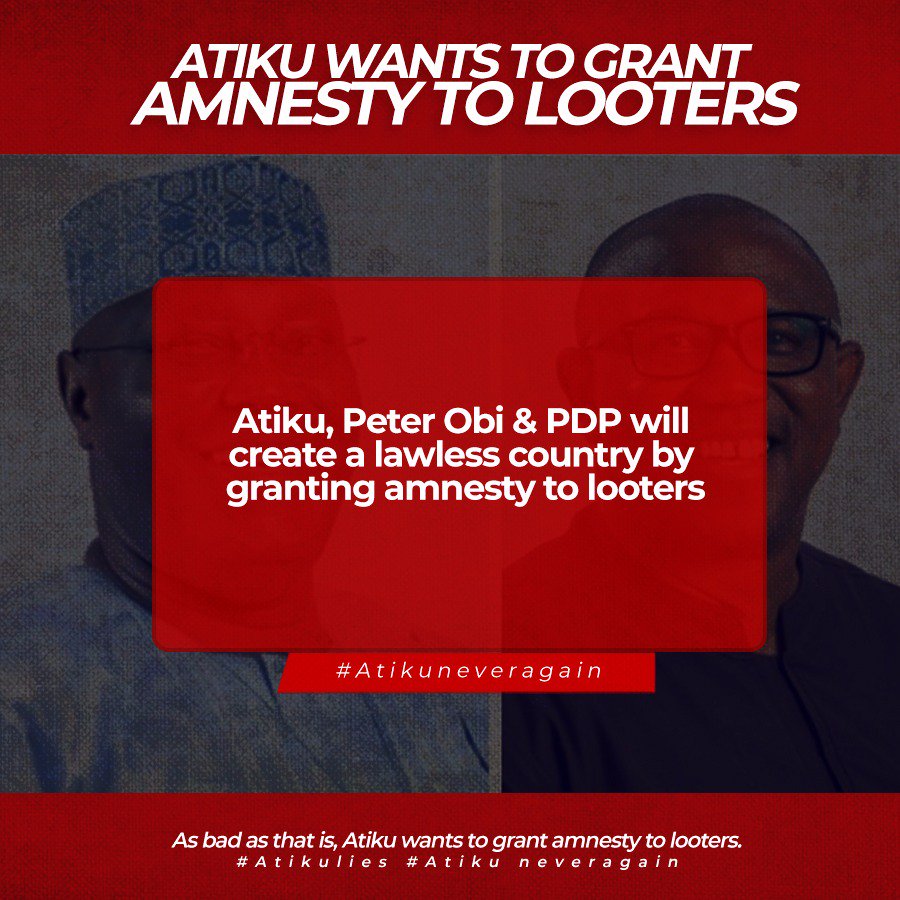 DaleYaks's tweet photo. With the amount of money PDP and their cronies have stolen from our treasury, it is not surprising that @atiku will be offering Amnesty for Looters. #AtikuNeverAgain #PDPLootocrats #PDP16YearsOfFailure https://t.co/NkzsmIStP8