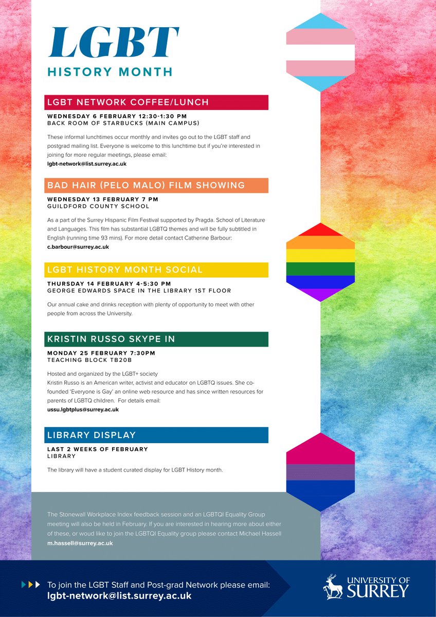 🏳️‍🌈 It's #LGBTHistoryMonth! Here is a programme of events taking place at Surrey this year. #LGBTHM19 🏳️‍🌈