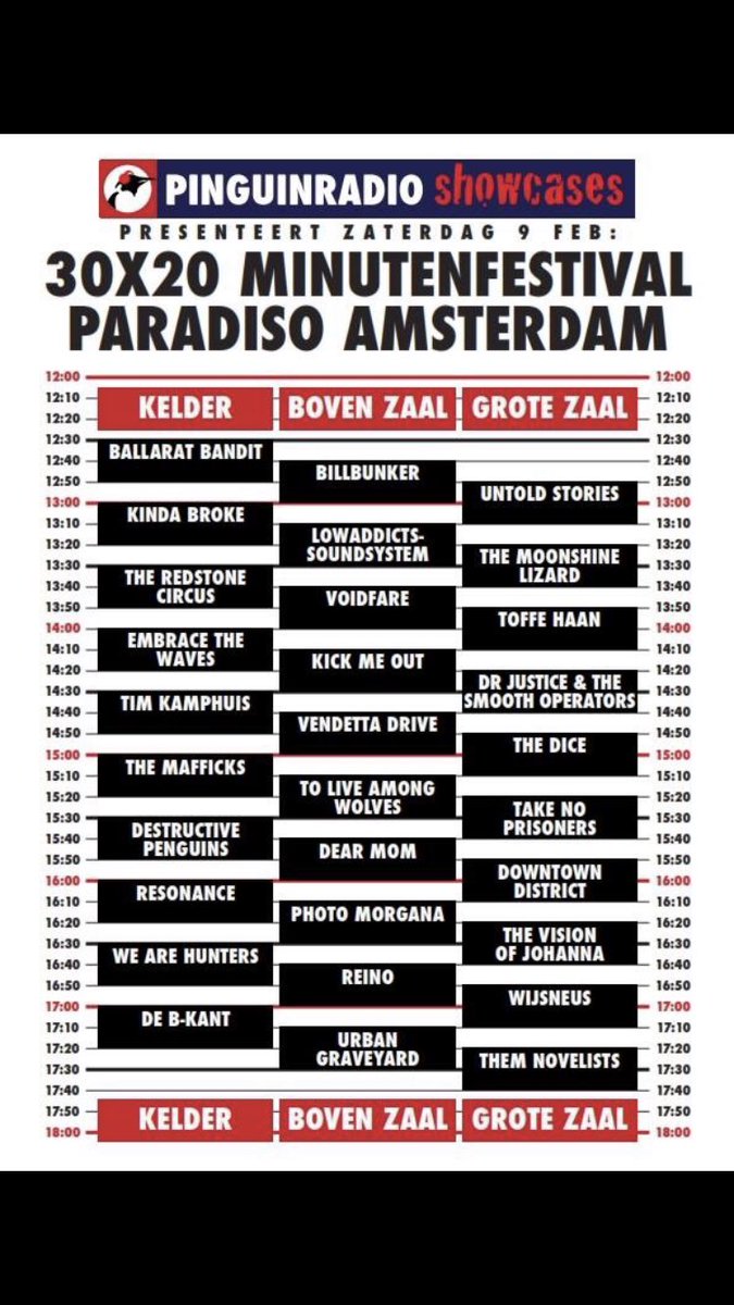 Komende zaterdag 9 Februari mogen wij om 12:50 in de grote zaal van <a href="/ParadisoAdam/">Paradiso Amsterdam</a> spelen tijdens het <a href="/PinguinRadio/">Pinguin Radio</a> 30x20 minuten festival. #paradiso #pinguinradio #live #untoldstories