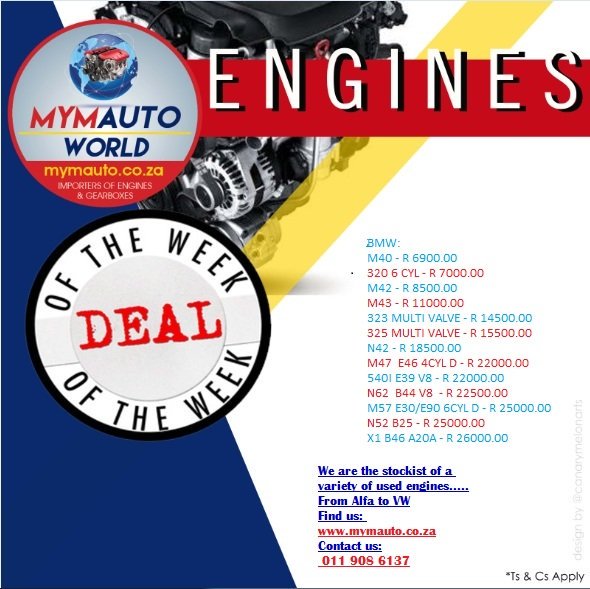 AutoMym's tweet photo. MYM Autoworld leading importers of used engines and gearboxes
Our spectacular specials for the week
Find us https://t.co/FsyeC5UDTF
Contact us:
061 415 9538
061 464 6250 https://t.co/4La1rayrAb