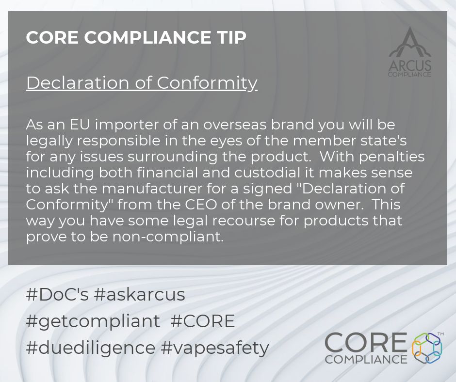 ArcusCompliance's tweet photo. If you are importing an overseas eliquid product, it makes sense to build robust due diligence to mitigate any risk.  Particularly if the products are zero-nicotine shortfills.  #DoC #duediligence #shortfills https://t.co/mfn9hUnIOu