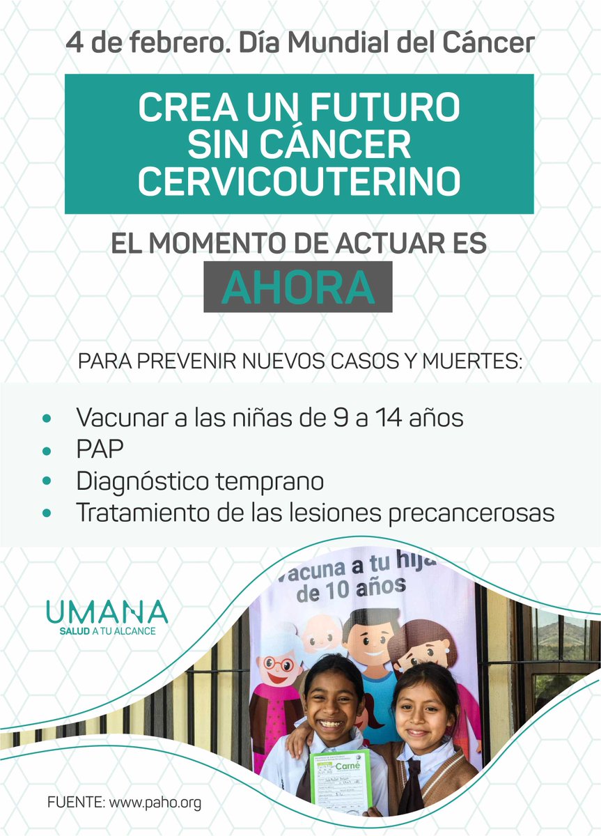 Hoy, 4 de febrero, se celebra el Día Mundial contra el Cáncer. La Organización Mundial de la Salud llama a actuar ahora para crear un futuro sin cáncer. Este año, enfoca la campaña en el cáncer cervicouterino.
#fincancercervicouterino; #vacúnate; #chequéate