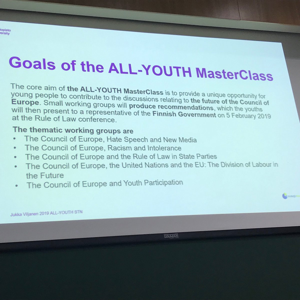 ALL YOUTH Master Class today here in Tampere University. The future of Europe: Rule of Law, diversity, tolerance... Current topics worked by young talent with spirit - high expectations.