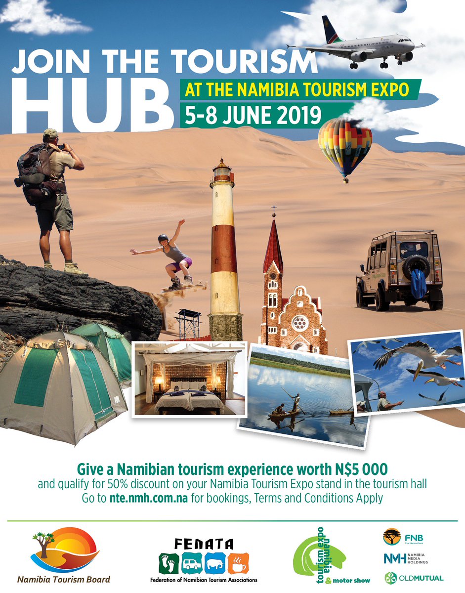 Join the tourism hub at the <a href="/NamTourismExpo/">Namibia Tourism Expo</a> from 5 to 8 June 2019.
Go to nte.nmh.com.na for bookings, Terms and Conditions Apply #NTE2019 #TourismHub