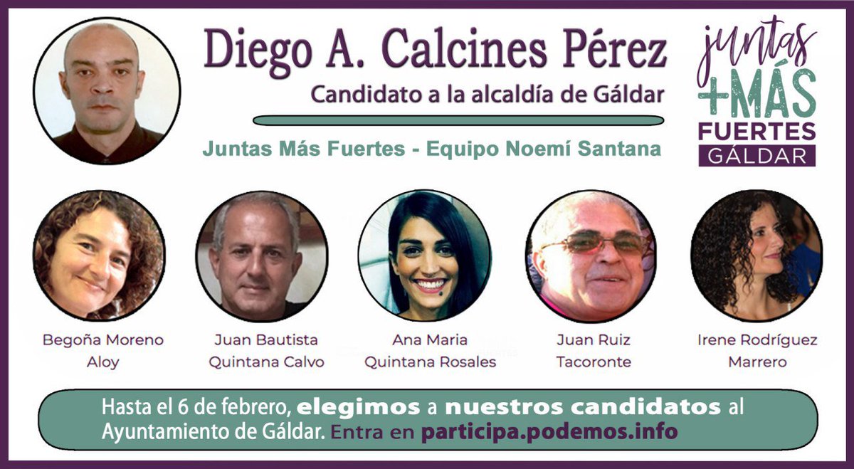 En Gáldar también hay equipo #JuntasMásFuertes 💜💪📩✊🙋

Hasta este miércoles, vota en nuestras primarias municipales participa.podemos.info