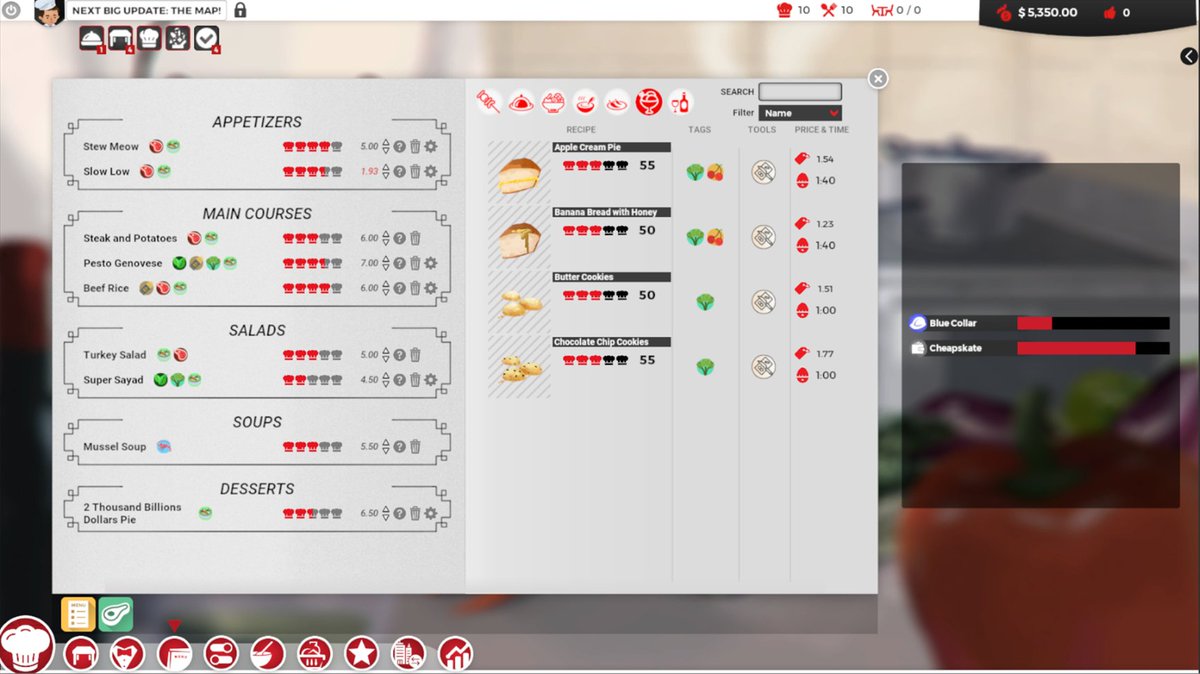 chefvideogame's tweet photo. The last patch brought some new features. For example, customer recipes can now be edited in the Menu Panel!
You can read all the changes here: https://t.co/iD7qnjnJpF https://t.co/xvJjGrmkDz
