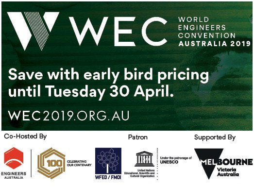 wfeo's tweet photo. World Engineers Convention 2019 #WEC19Aus will be held in Melbourne, 20-22 Nov. 2019
This Olympics of Engineering will contribute to the achievement of many SDGs
See https://t.co/6MxftnMRaX for Early Bird Registration
#WFEO50 @EngineersAustralia #Eng4SDGs #Engineers #globalgoals https://t.co/u6lCxl4EYX