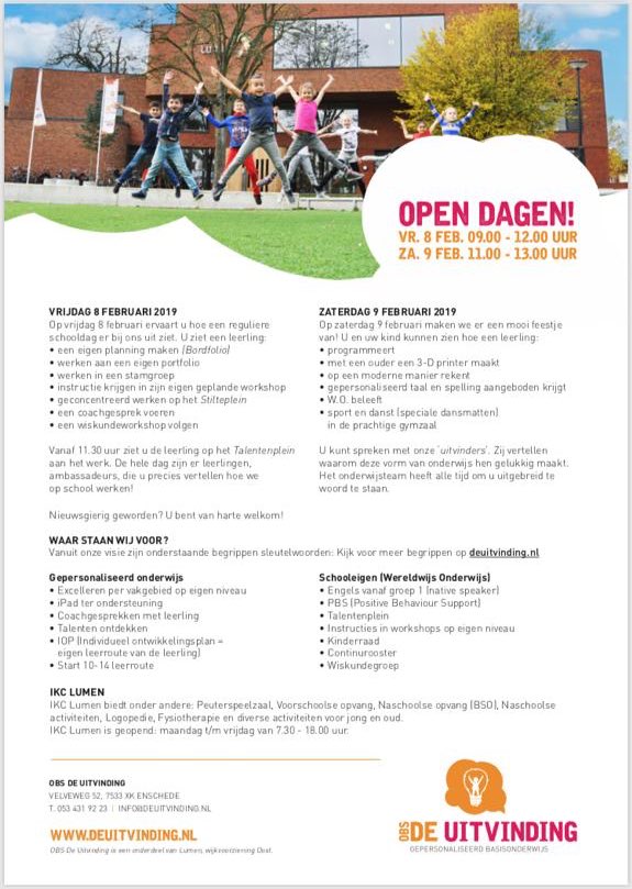 As vrijdag en zaterdag, 8 en 9 feb., zijn onze open dagen. Altijd al willen zien hoe gepersonaliseerd onderwijs werkt? Kom ons onderwijs ervaren!! #opendag #lumen #enschede #onderwijs #deuitvinding