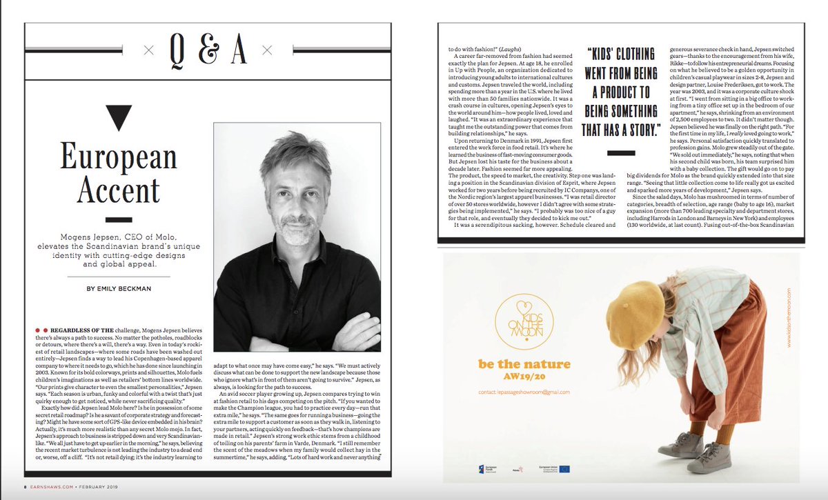 The February issue of <a href="/Earnshaw/">Simon Earnshaw 🇺🇦</a>’s brings a great interview with the CEO of Molo, Mogens Jepsen, which describes the path to success. Please feel welcome to read the entire interview in the link below. #kidsfashion 
earnshaws.com/current-issue/