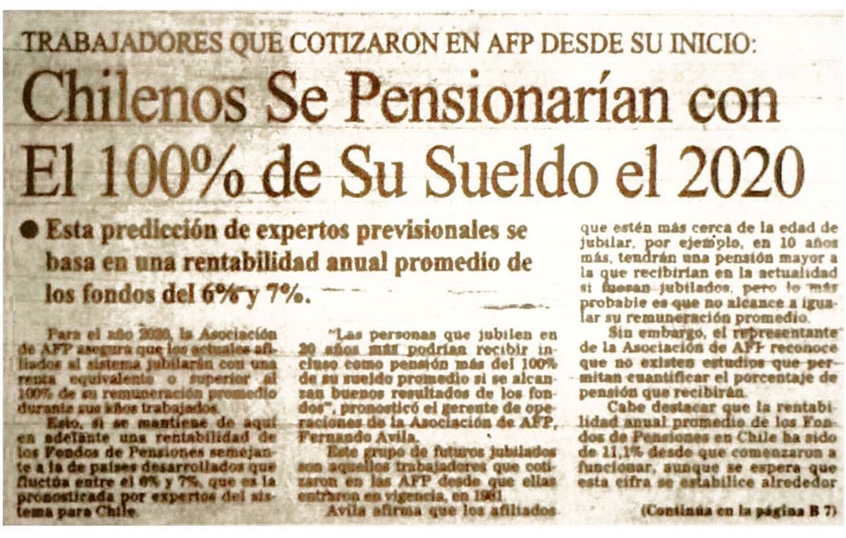 📰🇨🇱 2000 Febrero 4 - Un día como hoy, hace 19 años, El Mercurio, en su Cuerpo de Economía y Negocios, nos informaba que en 2020, los chilenos se pensionarían con el 100% de su sueldo.

Y ustedes ¿qué creen? ¿Llegamos? 🤔