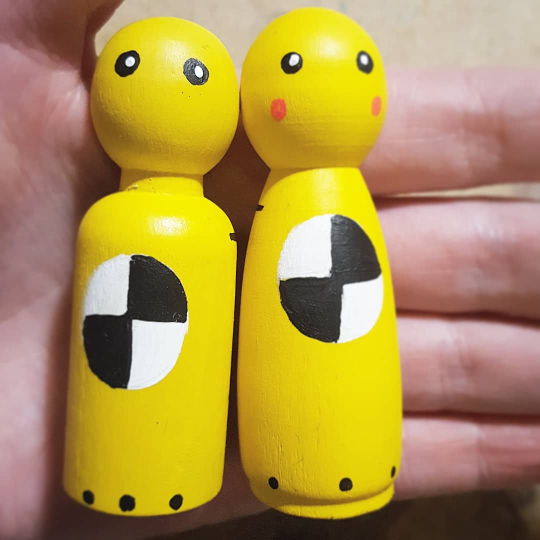 NiccAndNed's tweet photo. I'm working my way through all the reading &amp; testing to get my Peg Dolls CE certified.

So I very quickly mocked up these Crash Test Dummies! 
For the the tests! 😂

I'm looking forward to adding a lot more Peg Dolls to my Etsy shop in the near future. 😊

#pegdolls #pegdoll https://t.co/O7A0GtWmB8