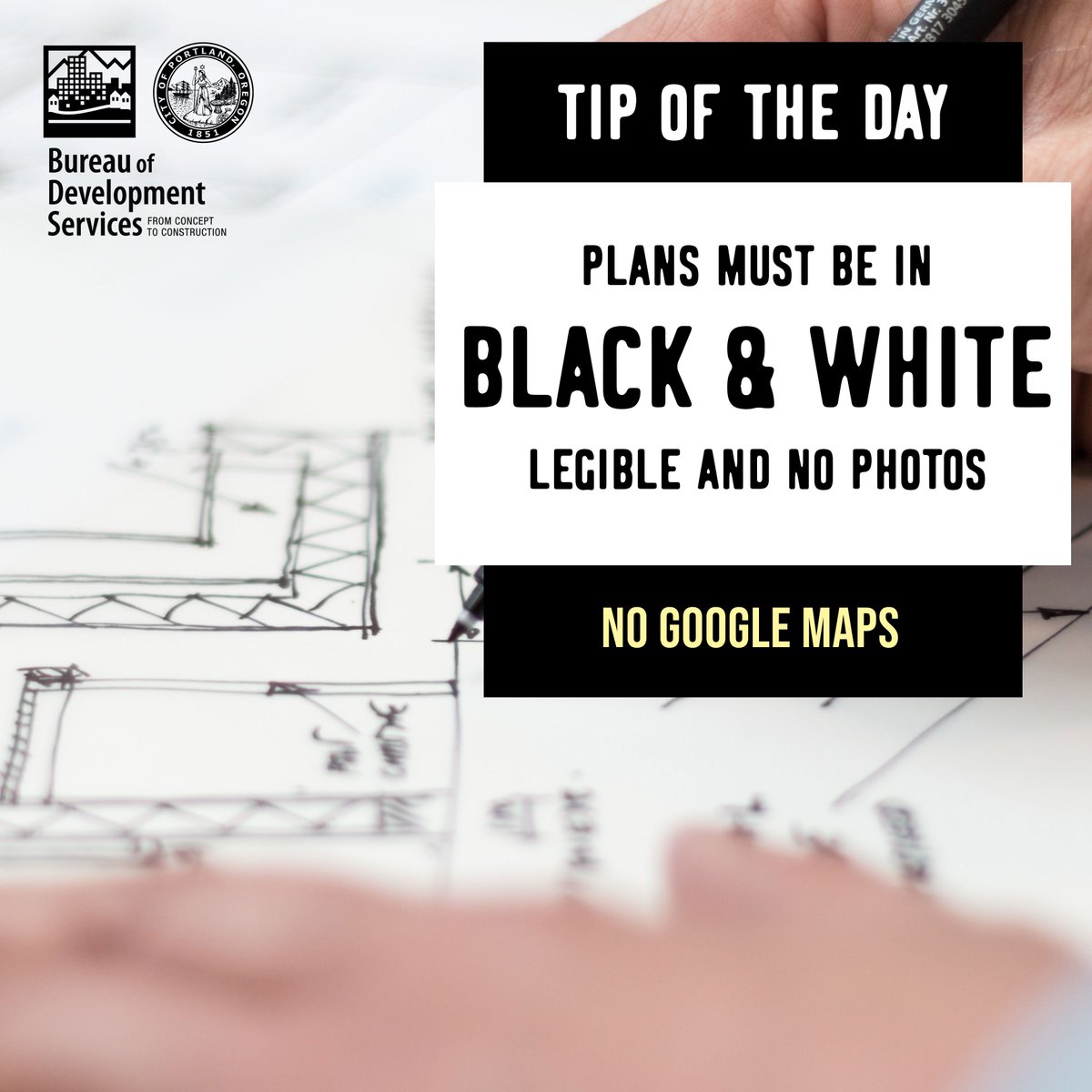 PortlandPermits's tweet photo. Happy Monday! Today's #BDSTipOfTheDay: Plans must be in black & white (no color), legible and no photos. For more on plan preparation: https://t.co/yTDDuEwQju
#planPrepBDS #BDSPermittingServices #PrepareWithBDS #Portlandhome #Portland #PortlandOregon #portlandconstruction https://t.co/utdmRi4fX7