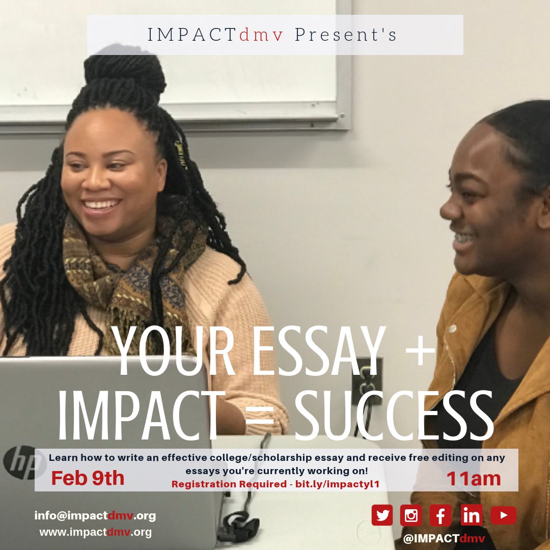 Effective writing is essential to creating a powerful college or scholarship application.

February 9th we will be hosting a FREE IMPACT Your Essay workshop to help students prepare the best application essay! 

Registration: bit.ly/impactyl1