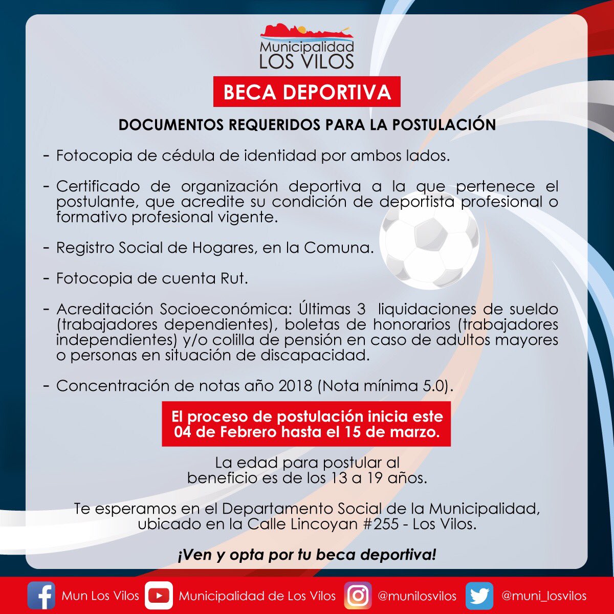#Importante ya esta abierto el proceso de postulación para la Beca Deportiva !!!

Desde el 4 de febrero hasta el 15 de marzo.