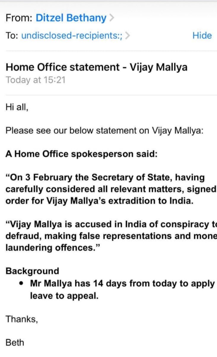 Indsamachar's tweet photo. This is the UK Home Office statement on Vijay Mallya's extradition process. #VijayMallya #UK #extrad https://t.co/9cEZBKMWnr