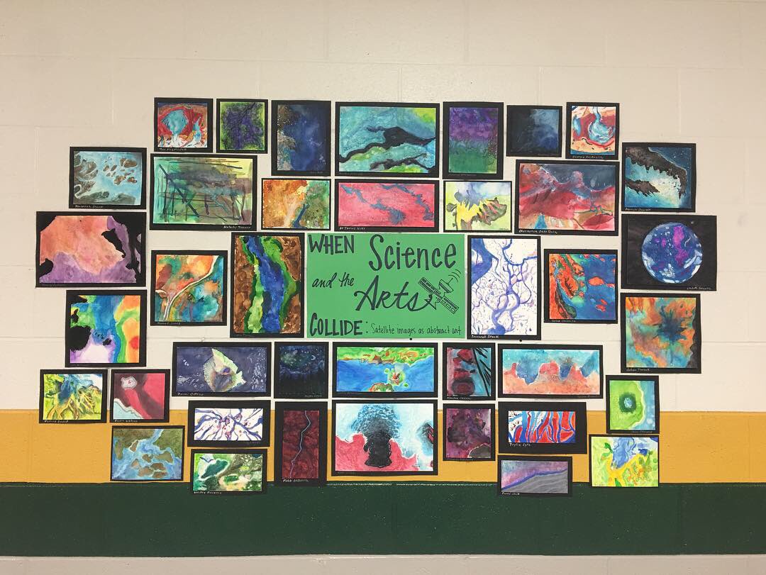 mschnetzer_GHS's tweet photo. @GreenWavePride Artists of the week: Destiny, Tysheona, Zylah, Stoney, and Dylan! Also, our LandSat inspired watercolors are on display in the Freshman hallway! @USGSLandsat #watercolor #ghsvisualarts #landsat https://t.co/DjouYofESU