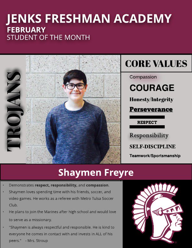 JenksFreshmanAcademy (@jenksfa) on Twitter photo Congratulations to our February Student of the Month, Shaymen Freyre! Shaymen represents the respect, responsibility, and compassion of a Trojan. Great job representing our school, Shaymen! <a href="/jenksps/">Jenks Public Schools</a> Congratulations to our February Student of the Month, Shaymen Freyre! Shaymen represents the respect, responsibility, and compassion of a Trojan. Great job representing our school, Shaymen! <a href="/jenksps/">Jenks Public Schools</a>