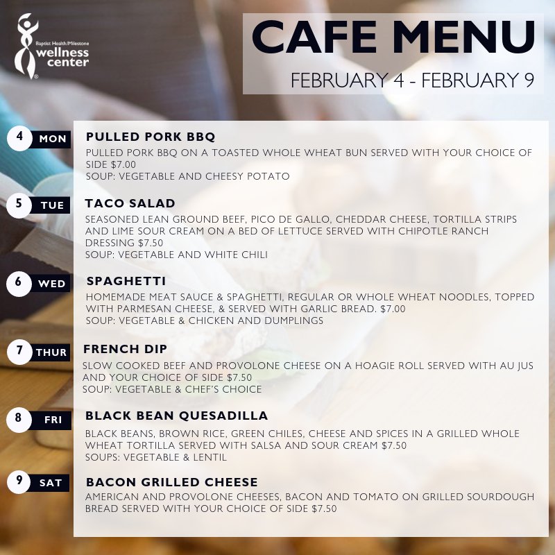 BEMilestone's tweet photo. Fuel your workout with one of this week's Center Café specials! https://t.co/yuUis1ssUu
