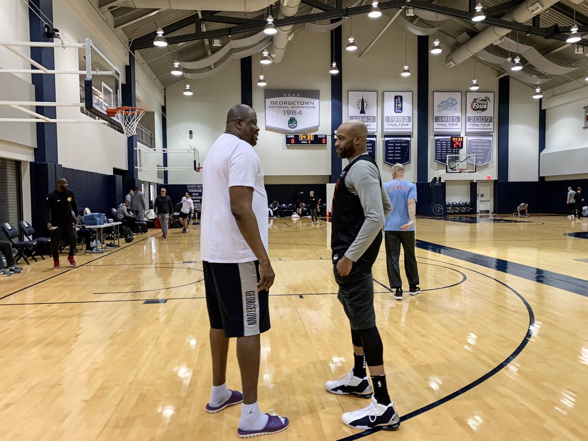ATLHawks's tweet photo. Final shootaround of our seven-game trip and a visit from a legend! @CoachEwing33 https://t.co/kYOxrM23mq