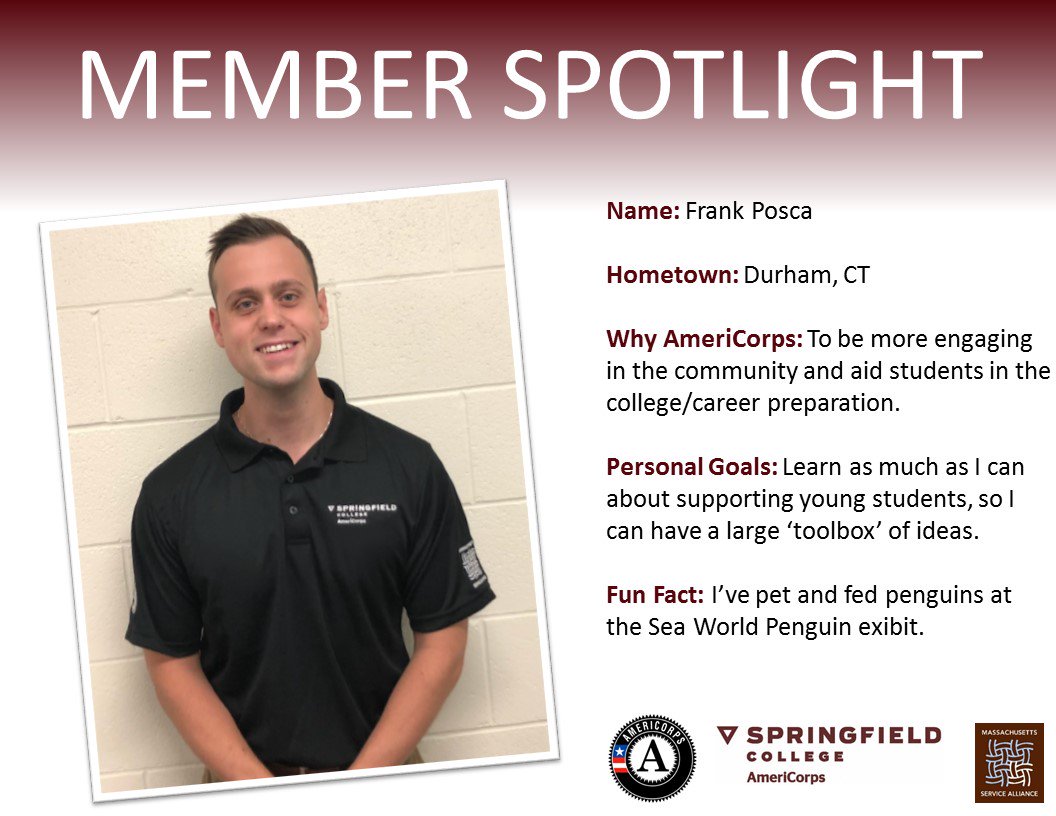SCAmeriCorps's tweet photo. Check out our Member Spotlight of the week! #MassService #SpringfieldCollegeInclusionandCommunityEngagement https://t.co/ohLEBil7fu