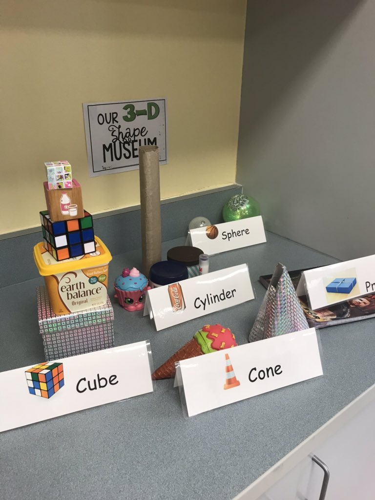 Our 3D shape museum the kids made with objects from home.