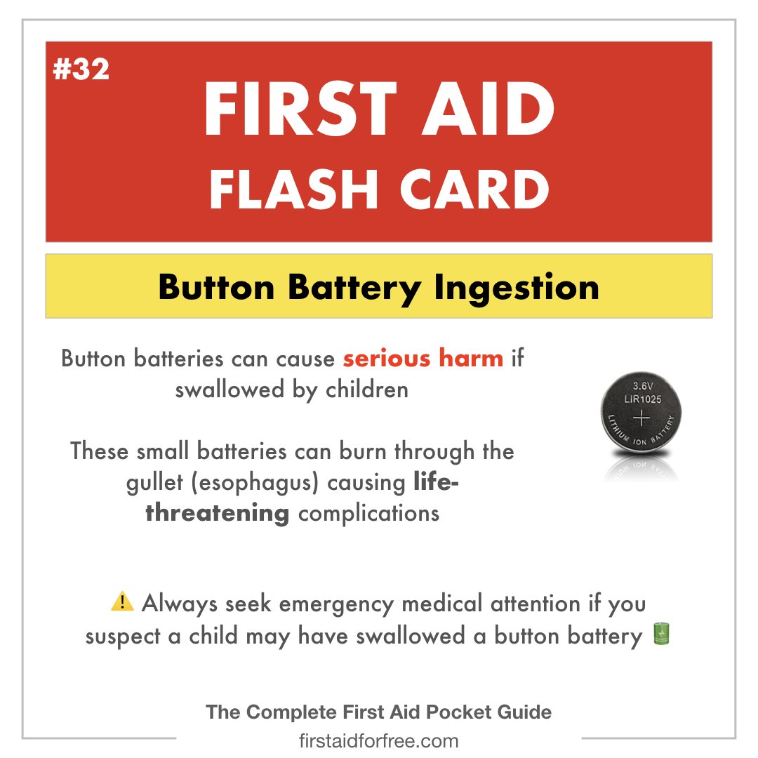 firstaidadvice's tweet image. ⚠️Every parent and carer of small children should be aware of the risk of button batteries!

These small objects can cause life-threatening damage to the gullet. 

Seek URGENT medical attention for any suspected button battery ingestion!

#FirstAidFlashcard #Parenting #Parent