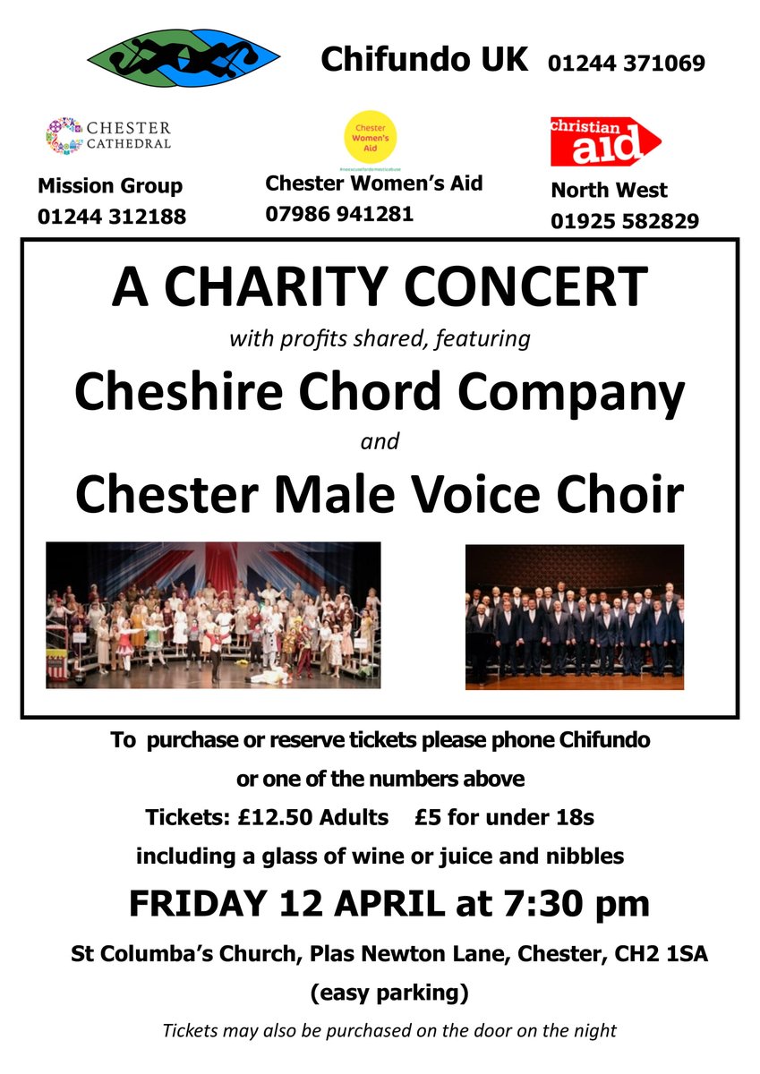 Are you free on FRIDAY 12th APRIL at 7:30pm? Fancy an evening of music &amp; refreshments?
Why not come along to the Chifundo UK charity concert!
We will be sharing the stage with the Chester Male Voice Choir, with all profits raised being shared between three charities.
