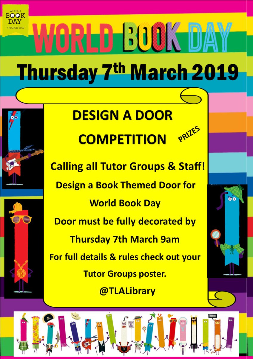 TLALibrary's tweet photo. #1MonthCountdown has begun till World Book Week @TLALibrary. Reminder to start thinking about your Book Themed Doors with your tutors or teachers! So many exciting events planned #WorldBookDay2019 #SharingStories https://t.co/EfxNxR9R3O