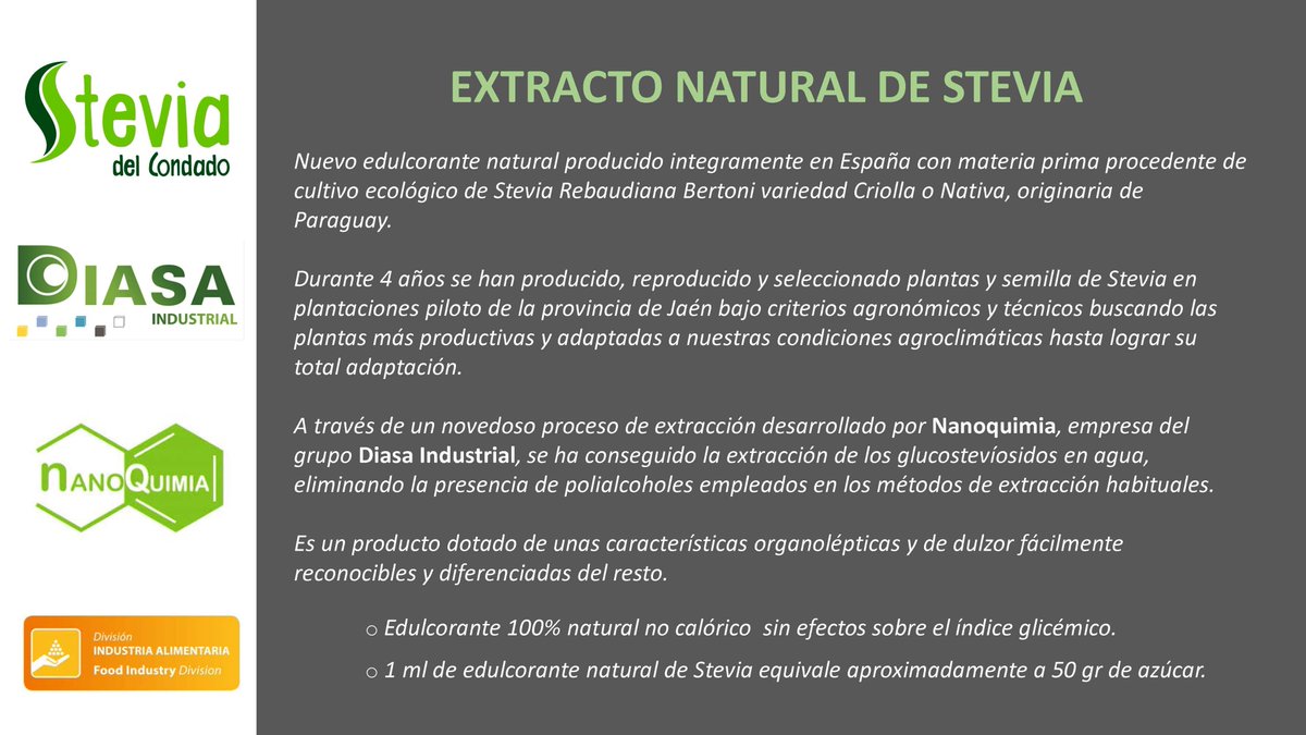 SteviaCondado's tweet photo. @SteviaCondado llega a un acuerdo con #DIASA.
Queremos transmitir desde aquí una gran noticia. Ya está disponible para la Industria Agroalimentaria nuestro Edulcorante Líquido de Stevia de la mano de DIASA.
#SteviadelCondado #DIASA #Nanoquimia #Stevia #Industria #Agroalimentaria https://t.co/PWTjDou0SH
