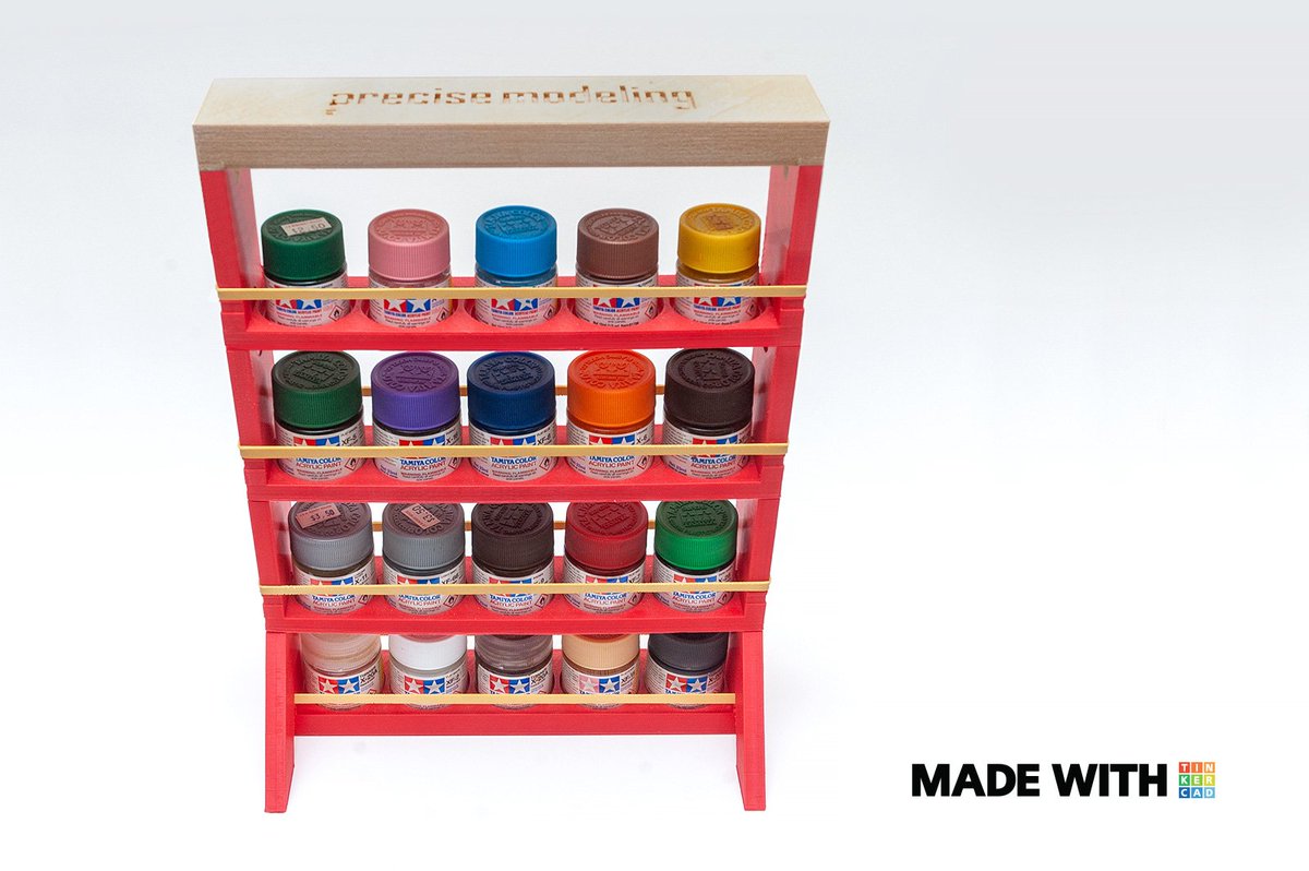 Designed and 3D printed a modular paint rack. More here: thingiverse.com/thing:2650691

#MadeWithTinkercad @Tinkercad #hobby #storage #organization #3Ddesign #3Dprinting #PreciseModeling