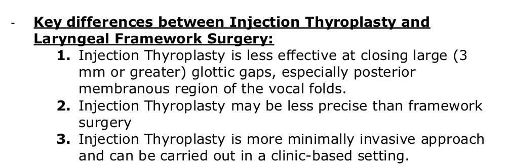 Key differences between Injection Thyroplasty and Laryngeal Framework Surgery: