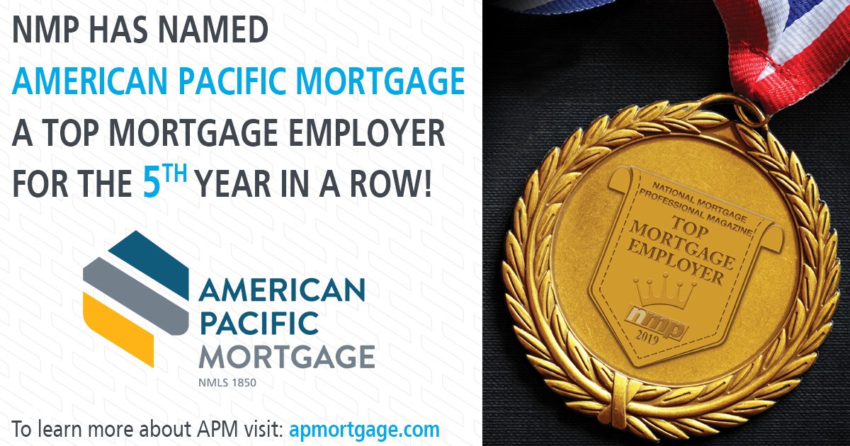 APMLowdown's tweet photo. Congratulations to our #APMFamily for a job well done! American Pacific Mortgage has been rated a Top Mortgage Employer for the 5th year in a row by NMP Magazine and we couldn’t do it without all of you! #APM #ExperienceAPM https://t.co/tir8A8zVng