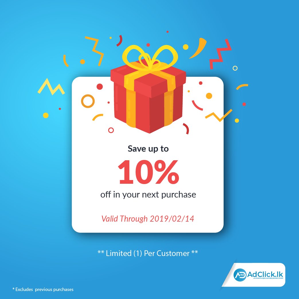 AdClickLK's tweet photo. Enjoy 10% off your purchase!

Hurry up, this offer is valid for a limited time period! Let's grab our special national day offer.

For More details: Call us now on: +94 76 333 83 83 / +94 777 512 545 Apply on website: https://t.co/4nNKYF1cZ9
#AdClickLK #AdPacksOffers #NationalDay https://t.co/RdXQ2LpMaq