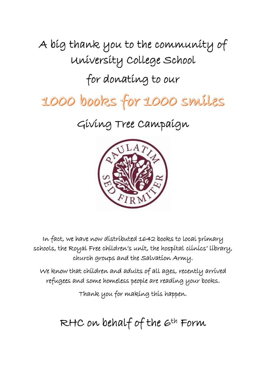 Thank you to the <a href="/UCSHampstead/">UCS Hampstead</a> community for donating to our #1000books for 1000 smiles #GivingTree #campaign last term. 

1642 books have been given to local #primary schools, <a href="/RoyalFreeNHS/">Royal Free London</a> children's unit, the #hospital clinics' #library, church groups &amp; <a href="/salvationarmyuk/">The Salvation Army</a>. 🙏📚