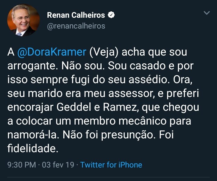 ComendadorSerra's tweet photo. Tem algo muito estranho nesta história:

O verme Renan Calheiros ataca covardemente à jornalista Dora Kramer, e a imprensa fica calada. 

A própria Dora Kramer não exige providências.

Cadê o mexeu com uma mexeu todas?

#RenanCassado https://t.co/6tnnM87zrj