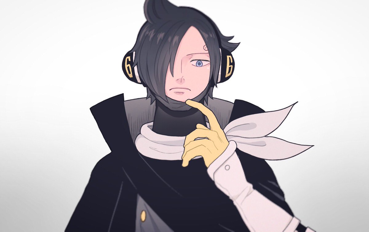 black hair solo gloves 1boy male focus hair over one eye yellow gloves  illustration images