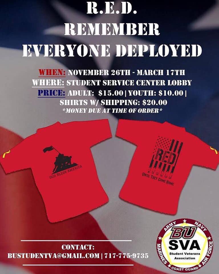 BloomuVets's tweet photo. We are selling R.E.D. Shirts today in the SSC lobby from 10-2! Come join us! #WeAreSVA https://t.co/MIxV1Rp2WK