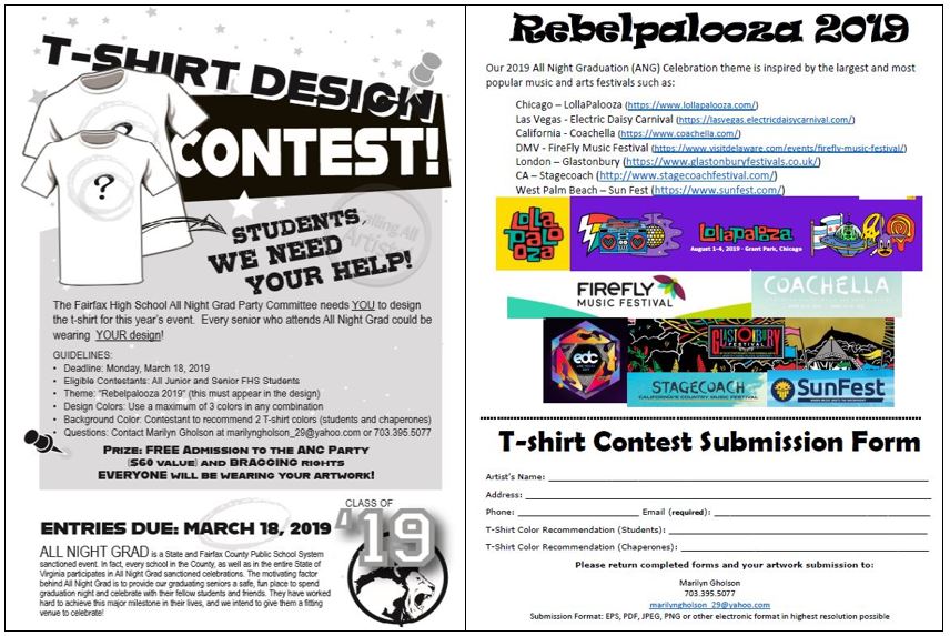 FHS Seniors and Juniors: Want to see your artwork on the All Night Grad t-shirts? We need you! T-shirt design ideas due by March 18th. Prize is a free ticket to ANG (plus all seniors who attend ANG will be wearing your design). #FHS2019ANGparty <a href="/fairfaxHS2019/">FHS Class of 2019</a>  <a href="/2020_fhs/">FHS Class of 2020</a>