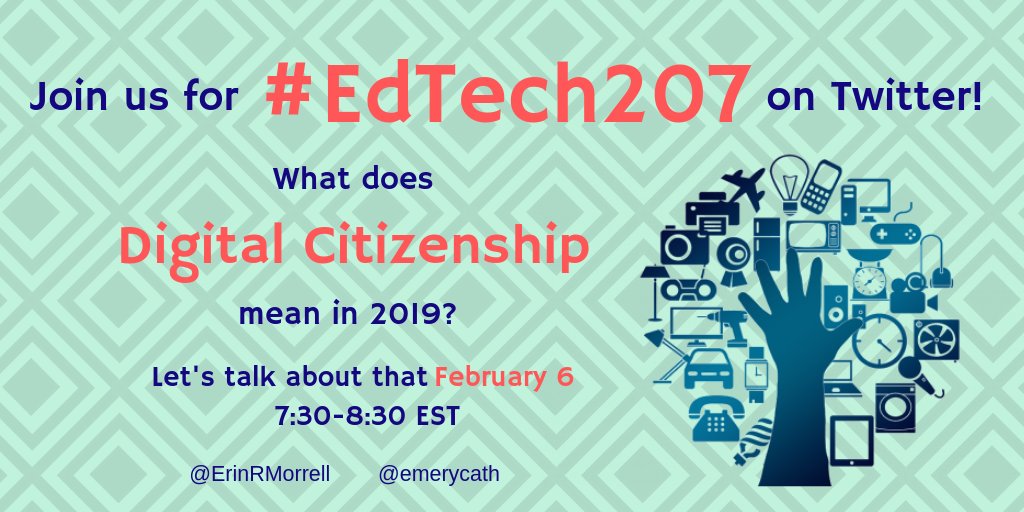 Erin_Rose_Ward's tweet photo. Join us and guest moderator @emerycath for #EdTech207 for a discussion about what #DigitalCitizenship means in 2019! February 6 from 7:30-8:30. #digcit4me #digcit #responsibletech #edtech #edchatme https://t.co/ttk8d4e0SA