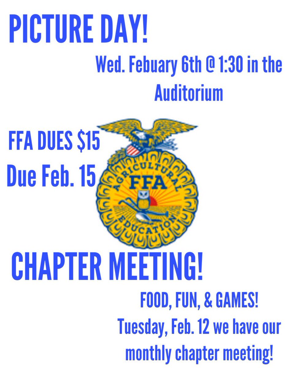 🚨Here are some important dates to remember! Please try to wear FFA SHIRTS or BLUE AND GOLD for picture day. And we hope to see you at our monthly chapter meeting.💙💛 (Dues are $15 and can be turned in by check made out to East Wake FFA or cash to Ms. Harris or Mrs. Bracey)