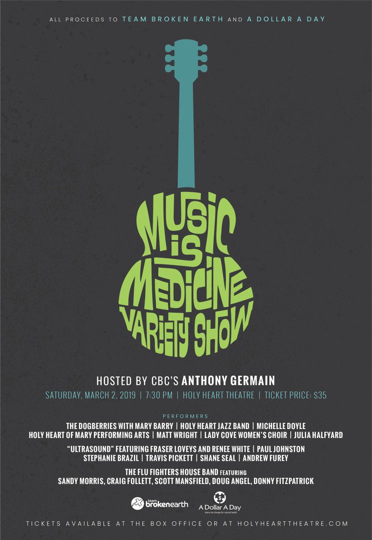 Dollar A Day (@adollaradayfdn) on Twitter photo Looking for a great night out that gives back to the community? The Music is Medicine Variety Show may be just what you're looking for! Saturday, Mar. 2, at Holy Heart Theatre, St. John's. Tickets at holyhearttheatre.com in support of #ADollarADay and <a href="/TeamBrokenEarth/">Team Broken Earth</a> Looking for a great night out that gives back to the community? The Music is Medicine Variety Show may be just what you're looking for! Saturday, Mar. 2, at Holy Heart Theatre, St. John's. Tickets at holyhearttheatre.com in support of #ADollarADay and <a href="/TeamBrokenEarth/">Team Broken Earth</a>