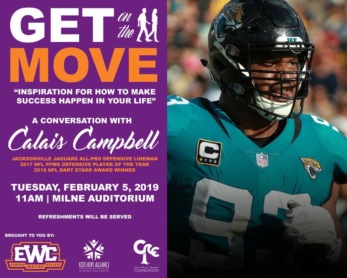 Join Us Tuesday, February 5th at 11AM in the Milne Auditorium for #GetOnTheMove - an exclusive conversation Calais Campbell of the Jacksonville Jaguars!! 

You don't want to miss this! 
#EmergingEminence #EWC #NewTigerEra