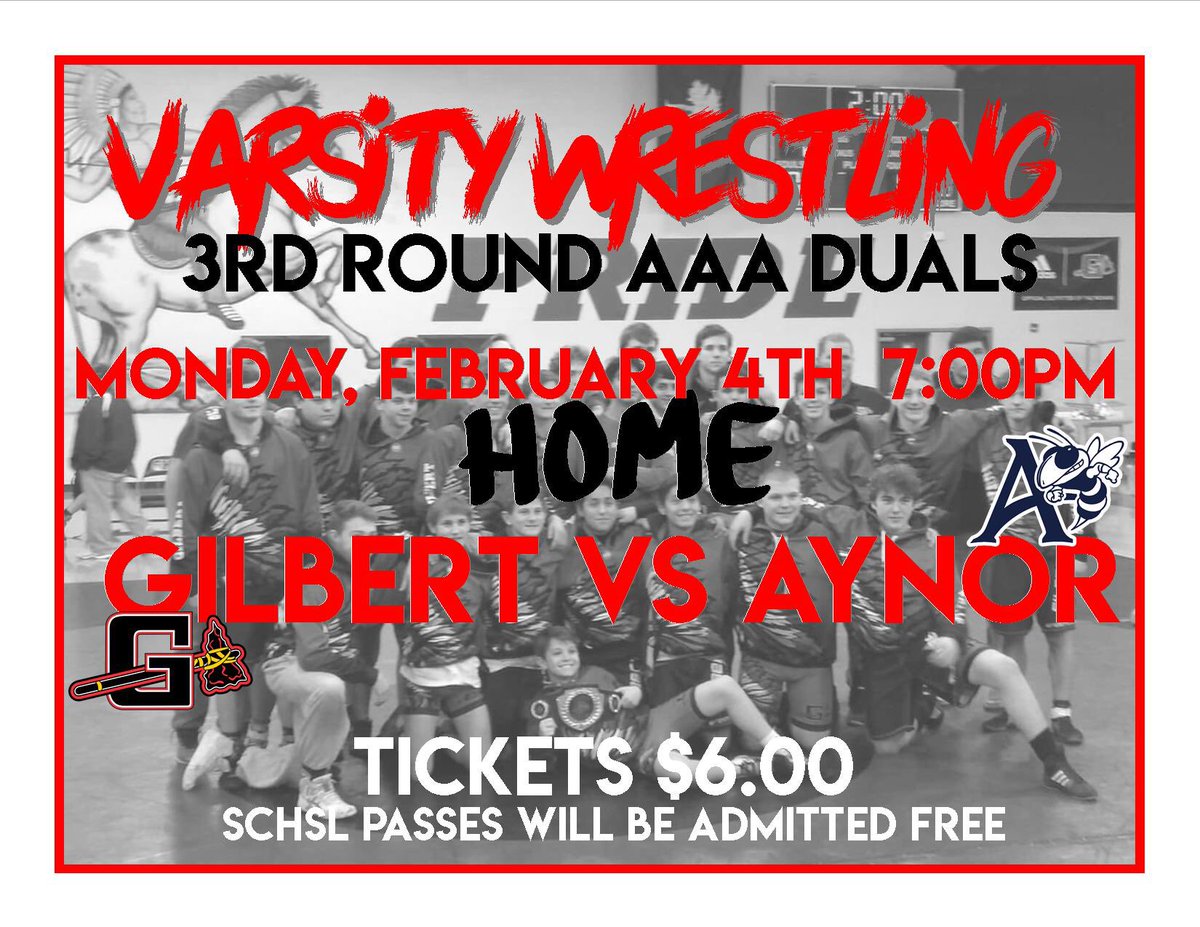 CoachLeaphart's tweet photo. @GHS_Indians @ghstribe #GilbertAmerica Come out and support @GilbertWrstling tonight in the 3rd Round of Playoffs vs Aynor!
#PackTheHouse https://t.co/3ymTz93UtQ