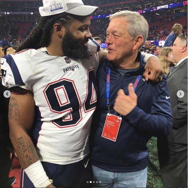 Coach Ferentz with <a href="/AJaClay/">Adrian Clayborn</a> during <a href="/HawkeyeFootball/">Hawkeye Football</a> <a href="/OrangeBowl/">Capital One Orange Bowl</a> win and with him last night as he won his first Super Bowl! #LegacyHawk #LeaveTheJerseyInABetterPlace